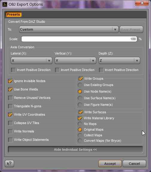 OBJ export settings when you create a morph in Daz Studio4.8.